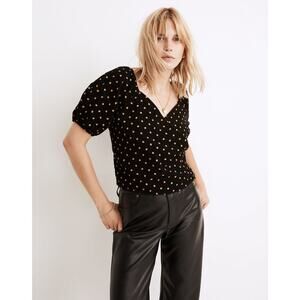 Madewell Corduroy Puff Sleeve Wrap Top Women M Black Oval Dot Cottagecore Whimsy